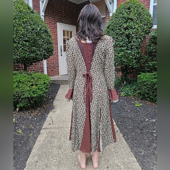 Women's Unbranded Brown and Cream Lace-Up Dress Size S Vintage  Shoulder Pad 70S - Picture 2 of 11